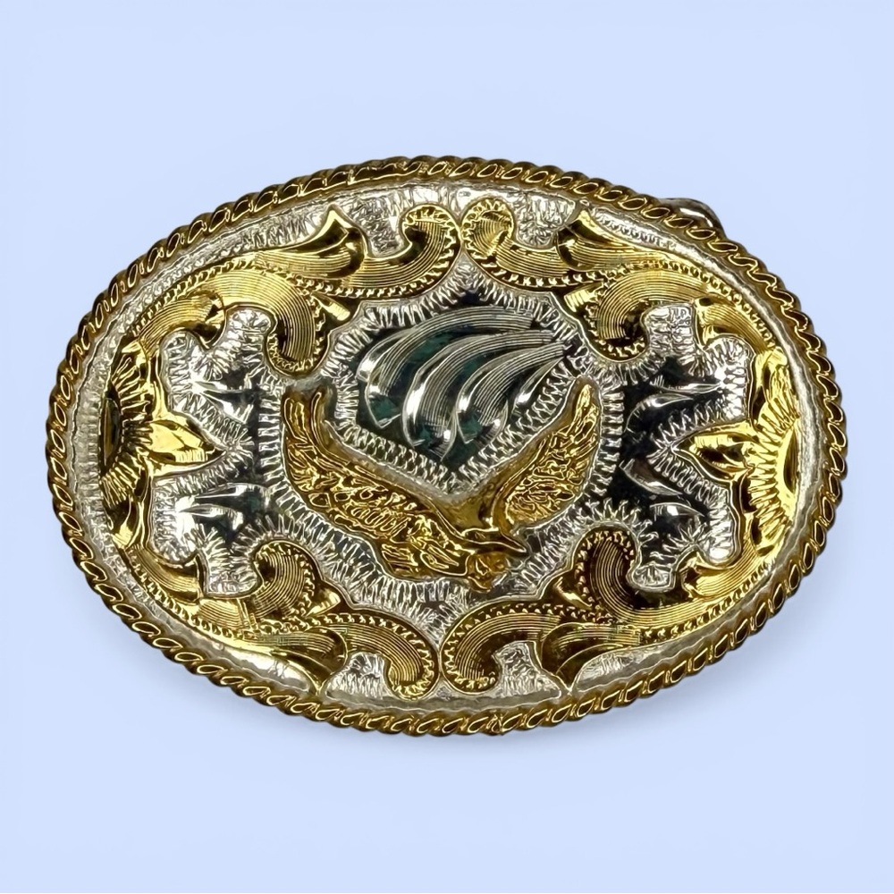 Western Style Oval Belt Buckle Gold & Silver‎ Eagle Lasso Framing Alpaca Mexico